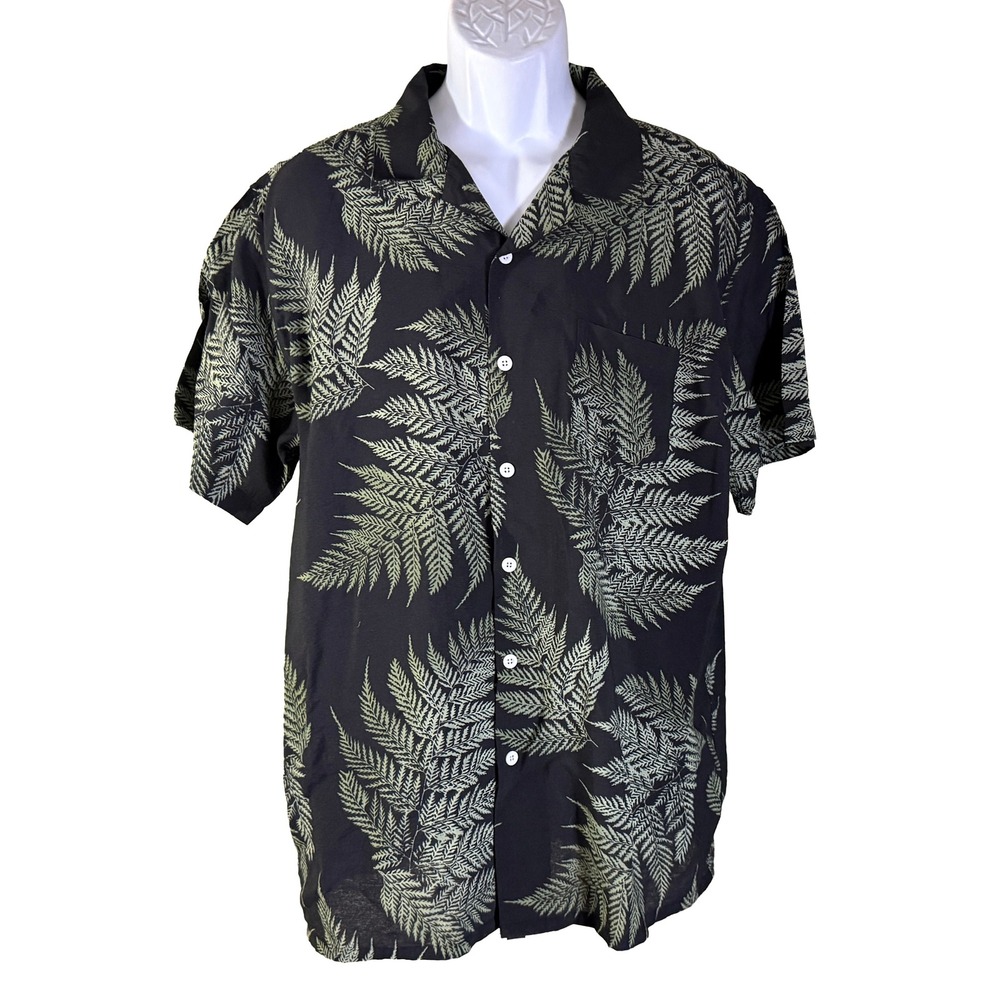 Xi Peng Button Down Shirt Mens XL Black Fern Leaf Print‎ Cotton Short Sleeve